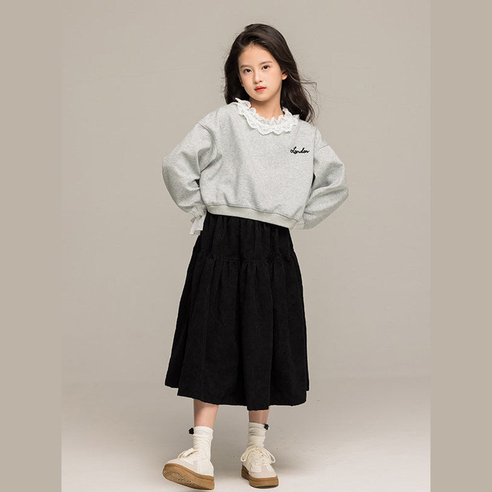 MyKids-USA® Kids Girls Long Sleeves Letters Pattern Lace Trim Top and Black Skirt Sets