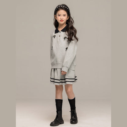 MyKids-USA® Kids Girls Long Sleeves Butterfly-bows Pattern Sweatshirt and Striped Skirt Sets