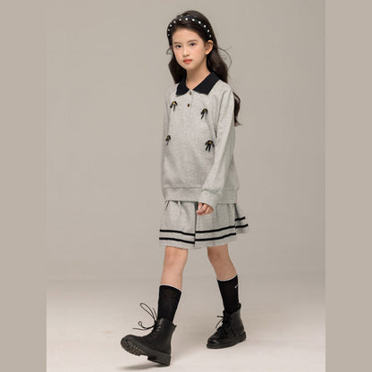 MyKids-USA® Kids Girls Long Sleeves Butterfly-bows Pattern Sweatshirt and Striped Skirt Sets