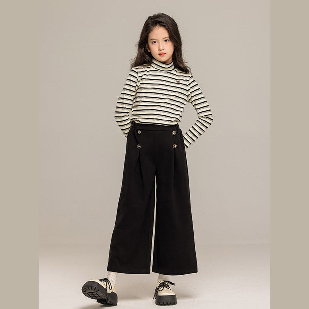 MyKids-USA® Kids Girls Long Sleeves Striped Pattern Turtle Neck Top and Black Loose Pants Sets