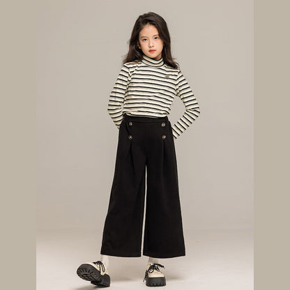MyKids-USA® Kids Girls Long Sleeves Striped Pattern Turtle Neck Top and Black Loose Pants Sets