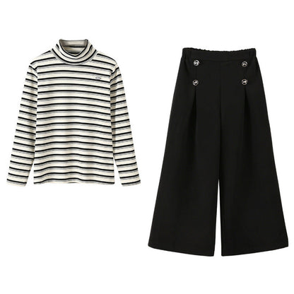 MyKids-USA® Kids Girls Long Sleeves Striped Pattern Turtle Neck Top and Black Loose Pants Sets