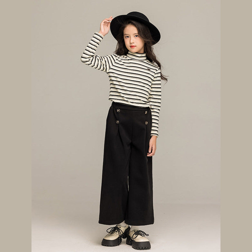 MyKids-USA® Kids Girls Long Sleeves Striped Pattern Turtle Neck Top and Black Loose Pants Sets