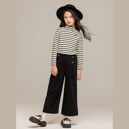 MyKids-USA® Kids Girls Long Sleeves Striped Pattern Turtle Neck Top and Black Loose Pants Sets