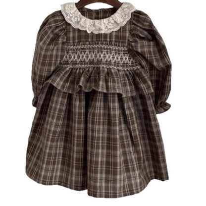 MyKids-USA® Baby Girls Long Sleeves Lace Trim Collar Plaid Dress