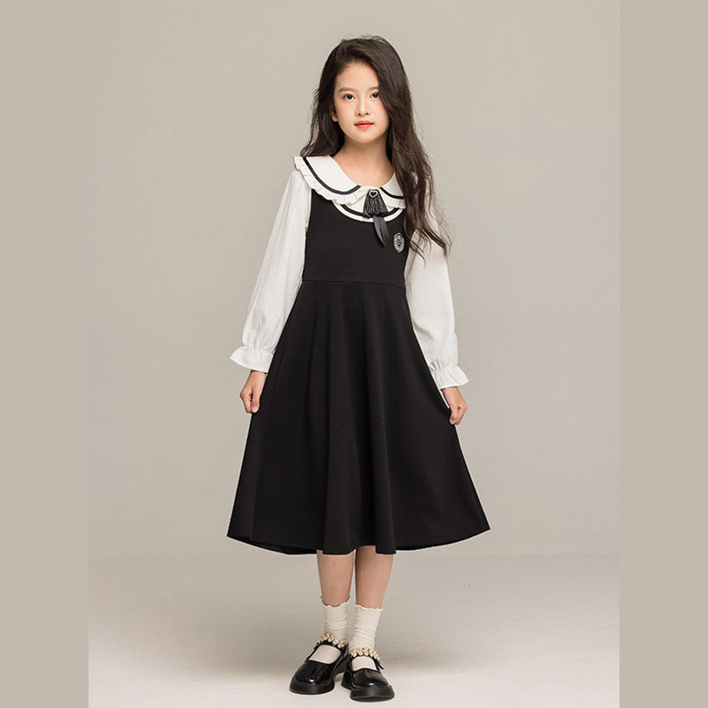 MyKids-USA® Kids Girls Long Sleeves Peter Pan Collar Shirt and Preppy Sleeveless Dress Sets