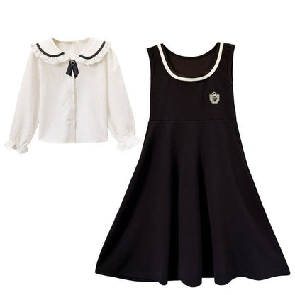 MyKids-USA® Kids Girls Long Sleeves Peter Pan Collar Shirt and Preppy Sleeveless Dress Sets