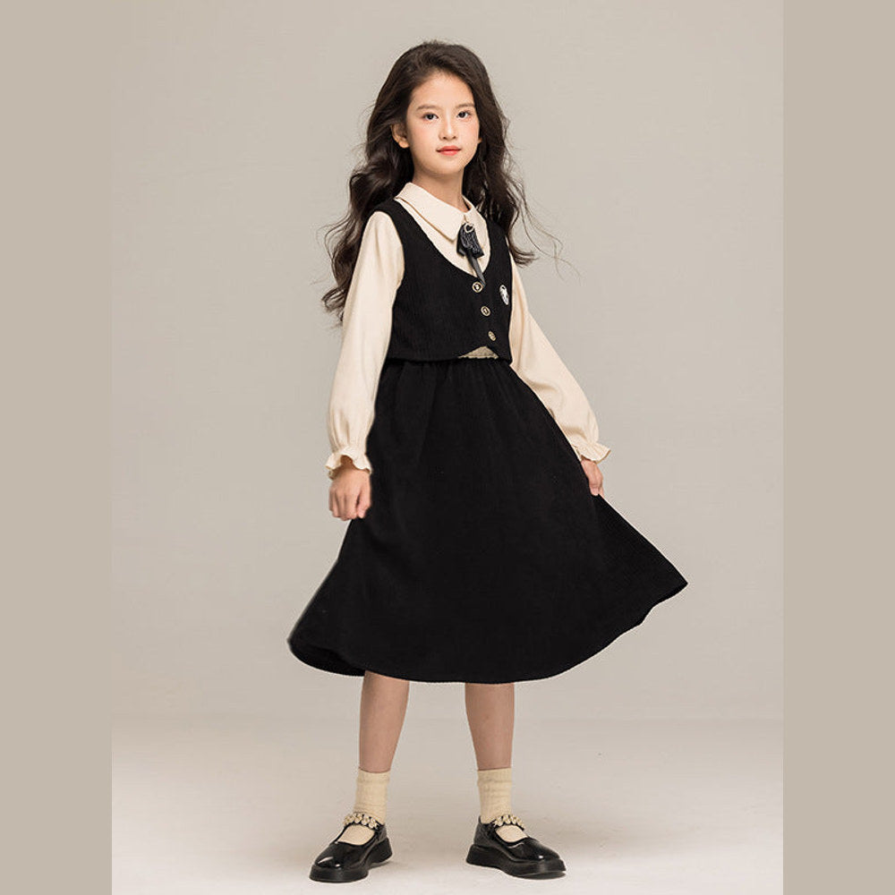 MyKids-USA® Long Sleeves Color Patchwork Preppy One-Piece Dress for Stylish Girls