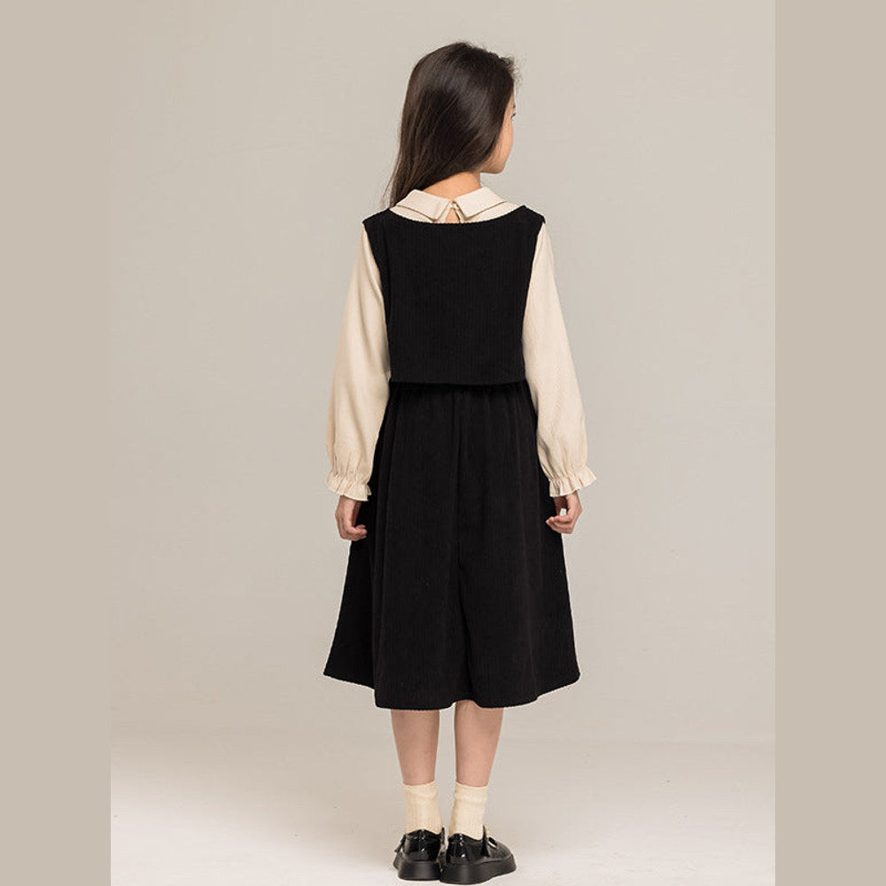 MyKids-USA® Long Sleeves Color Patchwork Preppy One-Piece Dress for Stylish Girls