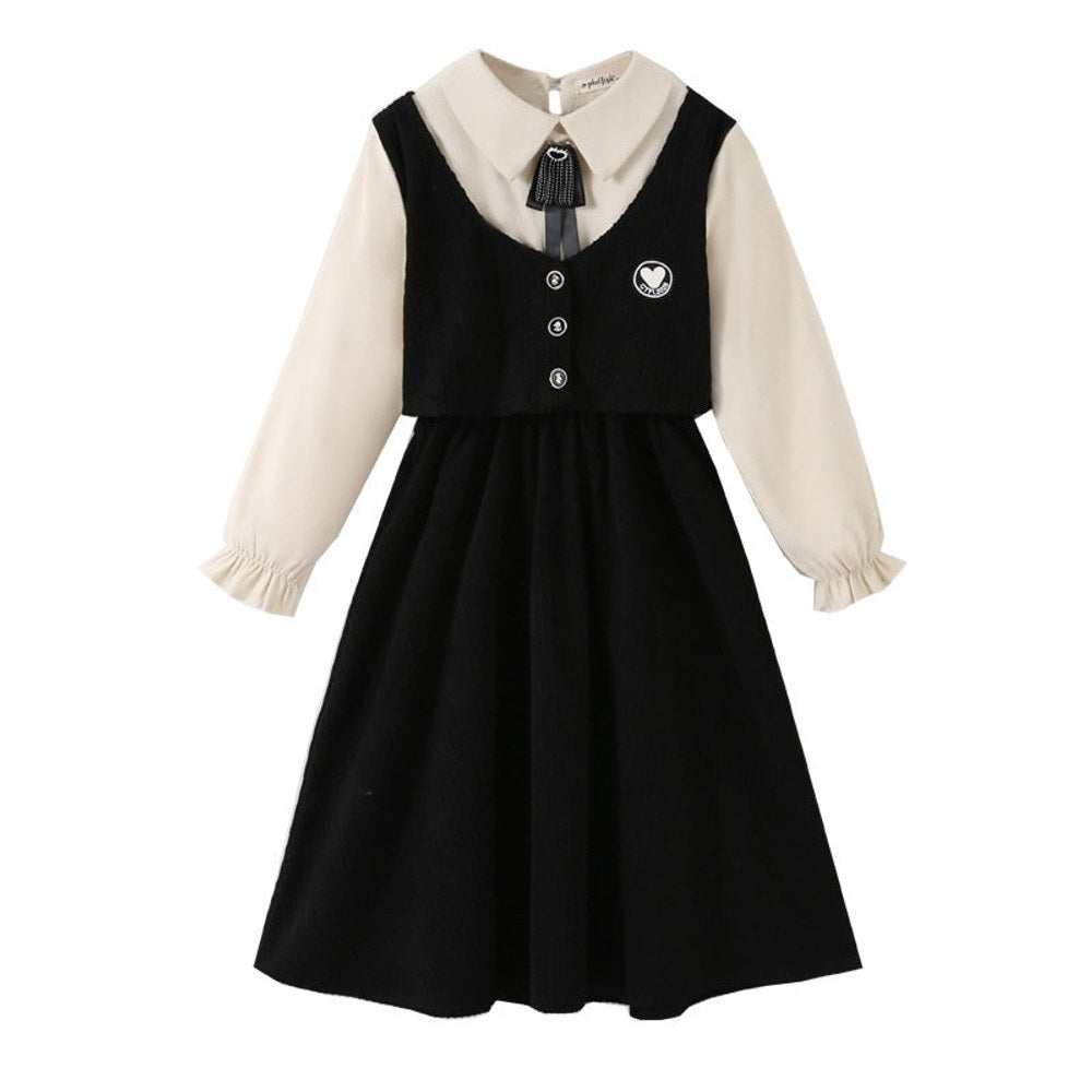 MyKids-USA® Long Sleeves Color Patchwork Preppy One-Piece Dress for Stylish Girls