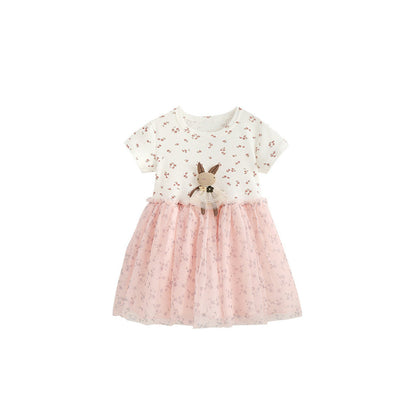 MyKids-USA® Baby Kids Girls Short Sleeves Flowers Pattern Color Patchwork Tulle Dress