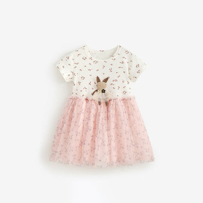 MyKids-USA® Baby Kids Girls Short Sleeves Flowers Pattern Color Patchwork Tulle Dress