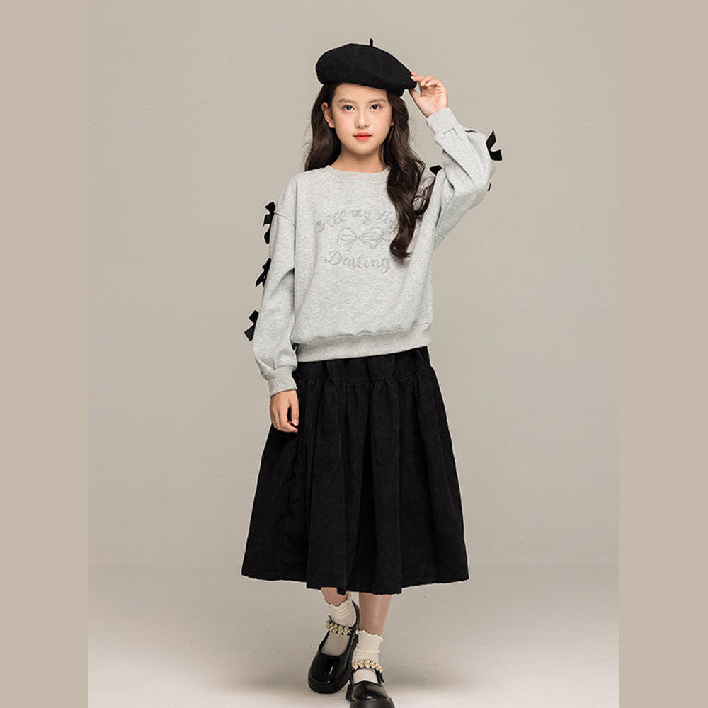 MyKids-USA® Kids Girls Long Sleeves Letters and Butterfly-bow Pattern Sweatshirt and Black Skirt