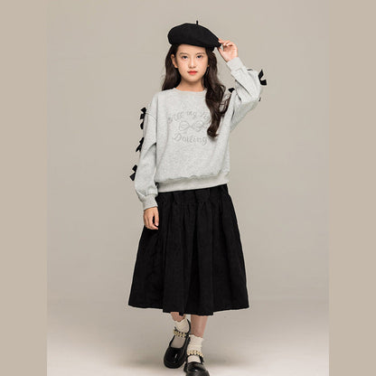 MyKids-USA® Kids Girls Long Sleeves Letters and Butterfly-bow Pattern Sweatshirt and Black Skirt