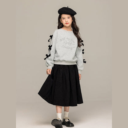 MyKids-USA® Kids Girls Long Sleeves Letters and Butterfly-bow Pattern Sweatshirt and Black Skirt