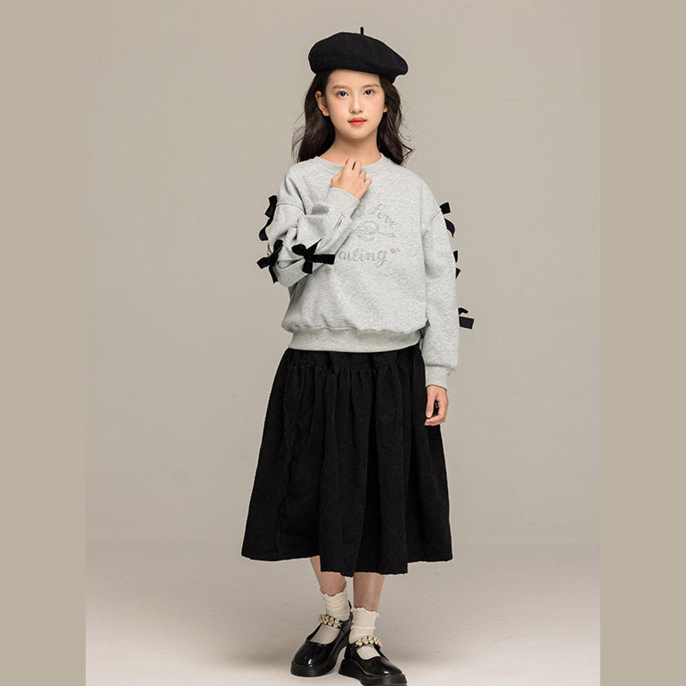 MyKids-USA® Kids Girls Long Sleeves Letters and Butterfly-bow Pattern Sweatshirt and Black Skirt