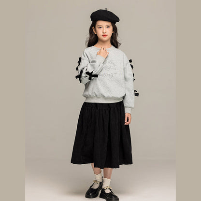 MyKids-USA® Kids Girls Long Sleeves Letters and Butterfly-bow Pattern Sweatshirt and Black Skirt