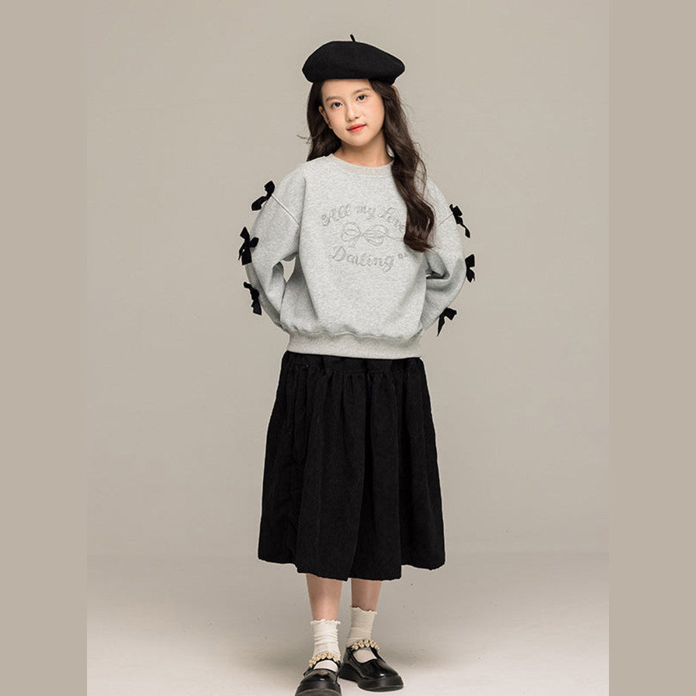 MyKids-USA® Kids Girls Long Sleeves Letters and Butterfly-bow Pattern Sweatshirt and Black Skirt