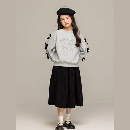 MyKids-USA® Kids Girls Long Sleeves Letters and Butterfly-bow Pattern Sweatshirt and Black Skirt