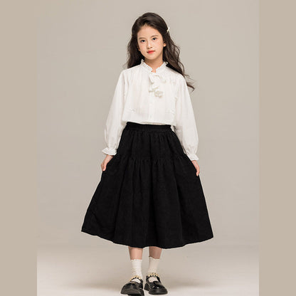 MyKids-USA® Kids Girls Long Sleeves Solid Color Butterfly-bow Pattern Stand Collar Shirt