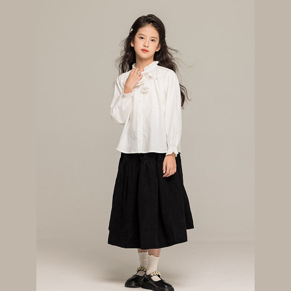 MyKids-USA® Kids Girls Long Sleeves Solid Color Butterfly-bow Pattern Stand Collar Shirt