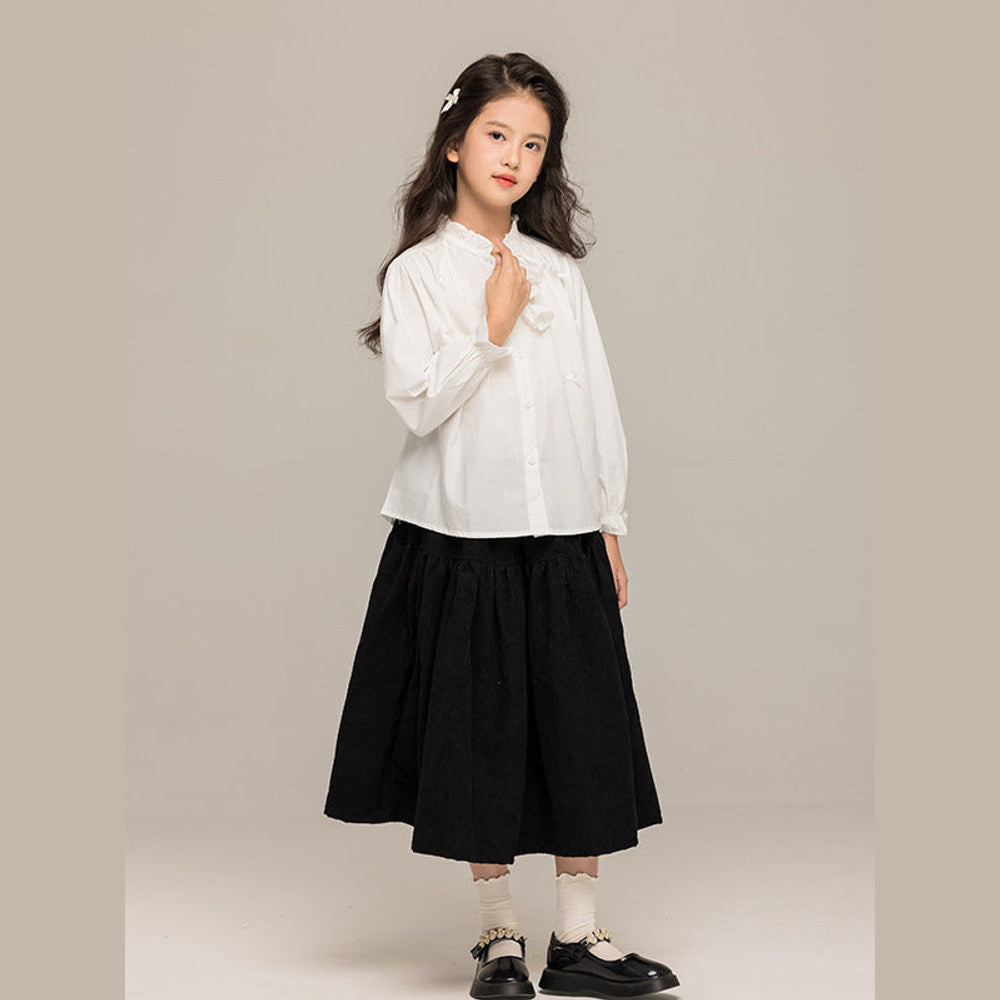 MyKids-USA® Kids Girls Long Sleeves Solid Color Butterfly-bow Pattern Stand Collar Shirt