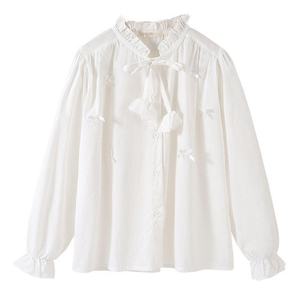 MyKids-USA® Kids Girls Long Sleeves Solid Color Butterfly-bow Pattern Stand Collar Shirt