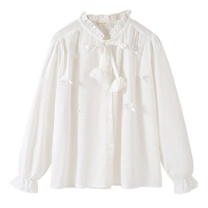 MyKids-USA® Kids Girls Long Sleeves Solid Color Butterfly-bow Pattern Stand Collar Shirt