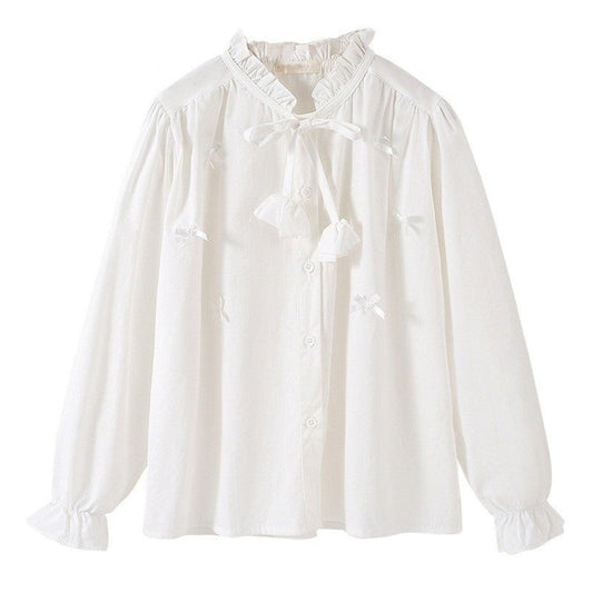 MyKids-USA® Kids Girls Long Sleeves Solid Color Butterfly-bow Pattern Stand Collar Shirt
