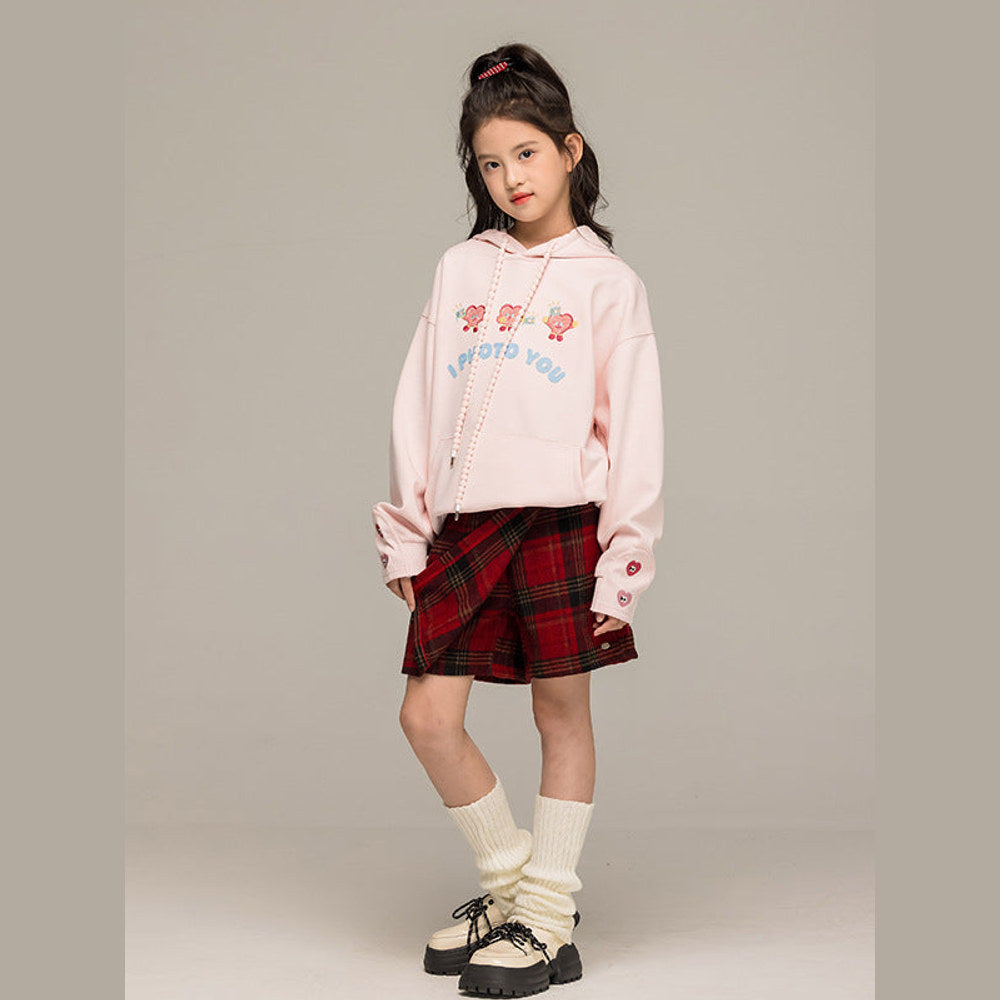 MyKids-USA® Kids Girls Long Sleeves Cartoon Embroidered Pattern Hoodie and Plaid Skirt Clothing Set