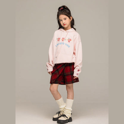 MyKids-USA® Kids Girls Long Sleeves Cartoon Embroidered Pattern Hoodie and Plaid Skirt Clothing Set