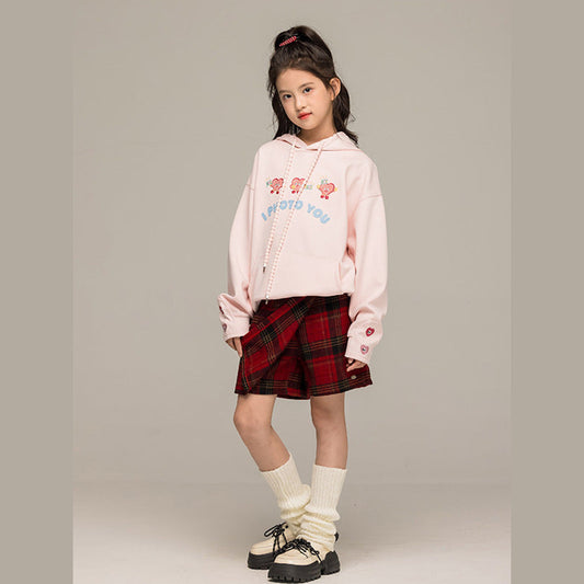 MyKids-USA® Kids Girls Long Sleeves Cartoon Embroidered Pattern Hoodie and Plaid Skirt Clothing Set