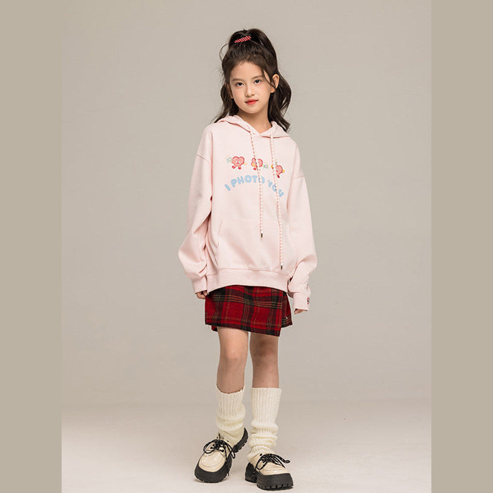 MyKids-USA® Kids Girls Long Sleeves Cartoon Embroidered Pattern Hoodie and Plaid Skirt Clothing Set