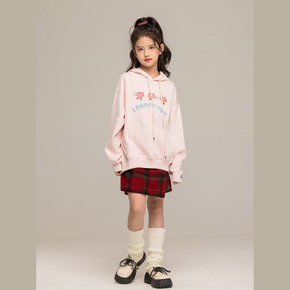 MyKids-USA® Kids Girls Long Sleeves Cartoon Embroidered Pattern Hoodie and Plaid Skirt Clothing Set