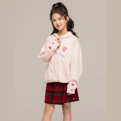 MyKids-USA® Kids Girls Long Sleeves Cartoon Embroidered Pattern Hoodie and Plaid Skirt Clothing Set