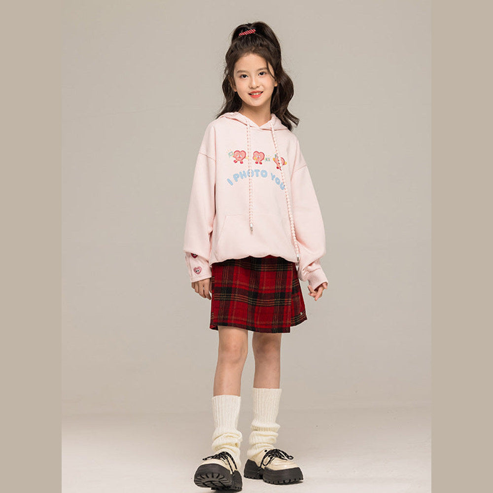 MyKids-USA® Kids Girls Long Sleeves Cartoon Embroidered Pattern Hoodie and Plaid Skirt Clothing Set