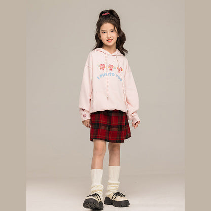 MyKids-USA® Kids Girls Long Sleeves Cartoon Embroidered Pattern Hoodie and Plaid Skirt Clothing Set