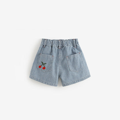 MyKids-USA® Girls Cherry and Striped Pattern Denim Shorts