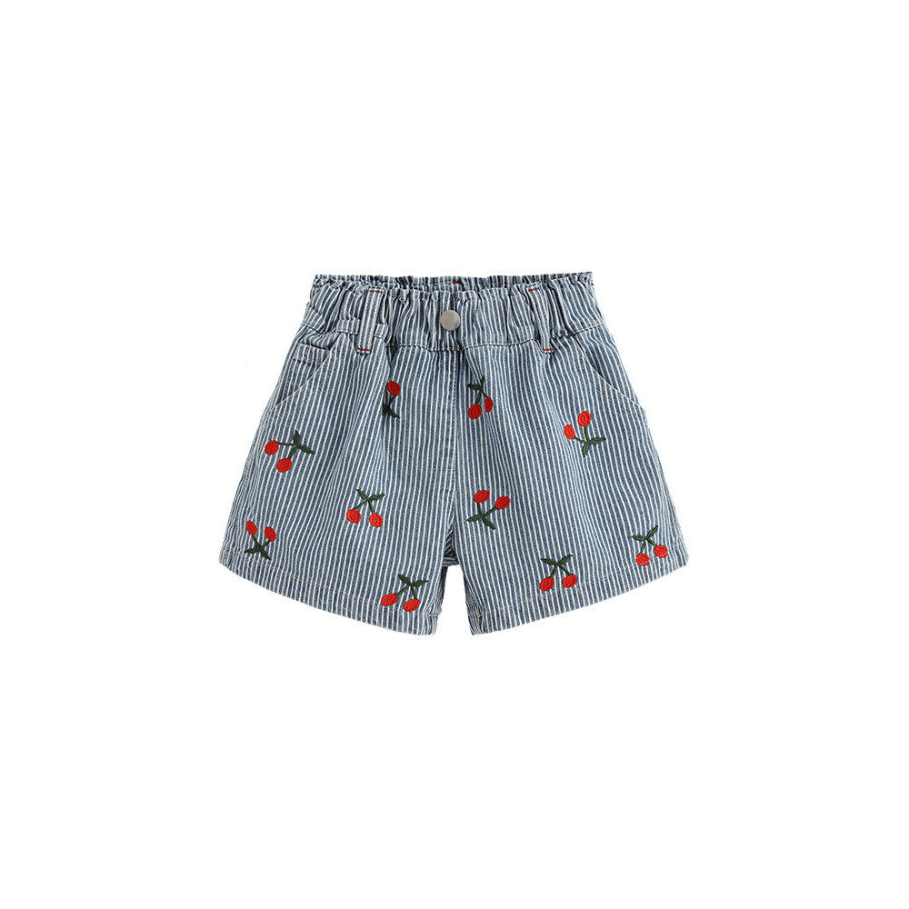 MyKids-USA® Girls Cherry and Striped Pattern Denim Shorts