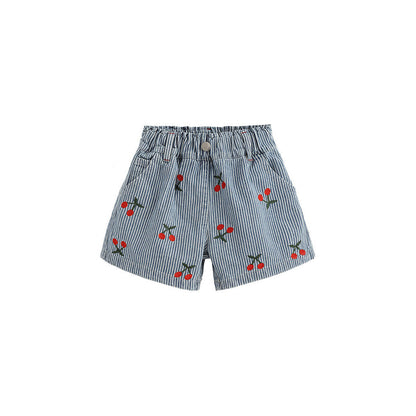 MyKids-USA® Girls Cherry and Striped Pattern Denim Shorts