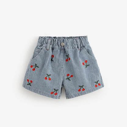 MyKids-USA® Girls Cherry and Striped Pattern Denim Shorts