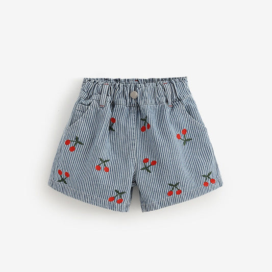 MyKids-USA® Girls Cherry and Striped Pattern Denim Shorts