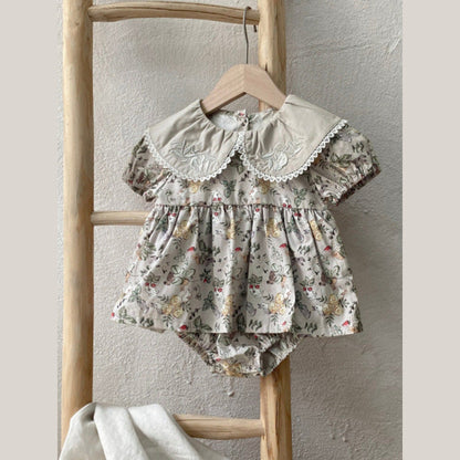 MyKids-USA® Baby Girls Short Sleeves Vintage Flowers Pattern Bodysuit Dress