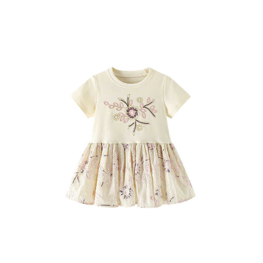 MyKids-USA® Baby Kids Girls Short Sleeves Sequins Flowers Pattern Dress