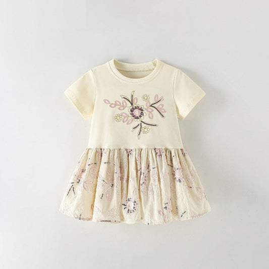 MyKids-USA® Baby Kids Girls Short Sleeves Sequins Flowers Pattern Dress