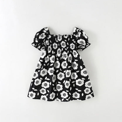 MyKids-USA® Baby Kids Girls Short Sleeves Flowers Pattern Square Neck Dress