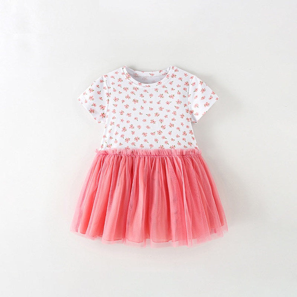 MyKids-USA® Baby Kids Girls Short Sleeves Flowers Pattern Tulle Patchwork Dress