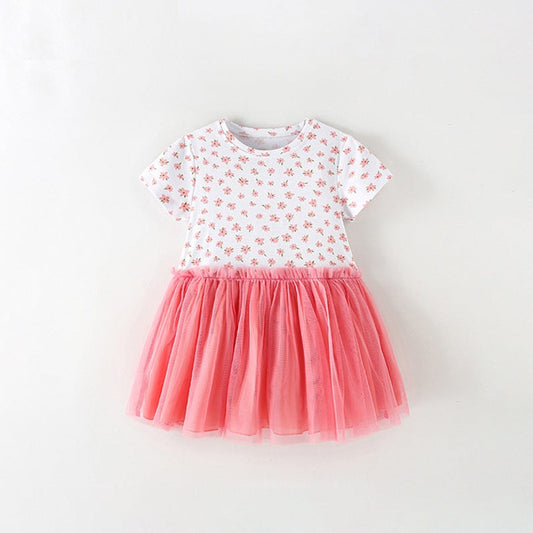 MyKids-USA® Baby Kids Girls Short Sleeves Flowers Pattern Tulle Patchwork Dress