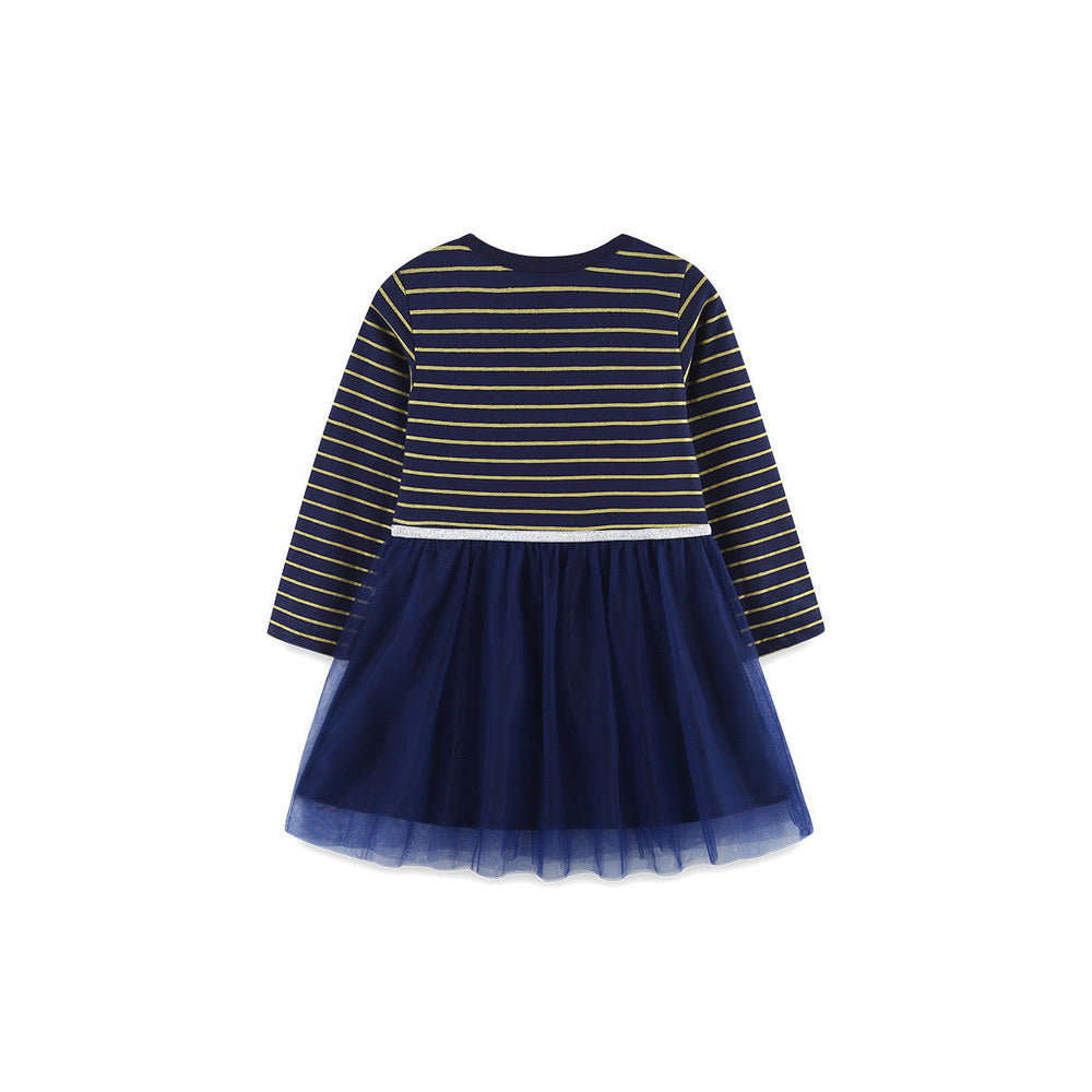 MyKids-USA® Striped Pattern Long Sleeves Tulle Patchwork Dress for Stylish Girls