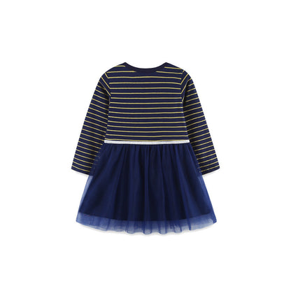 MyKids-USA® Striped Pattern Long Sleeves Tulle Patchwork Dress for Stylish Girls